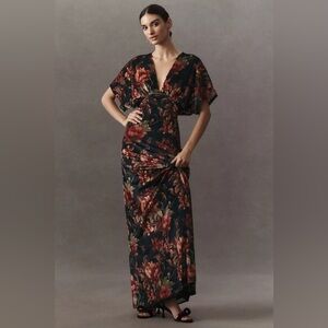 NWT Anthropologie BHLDN Amelia Deep-V Stretch Velvet Maxi Dress in Black Pattern